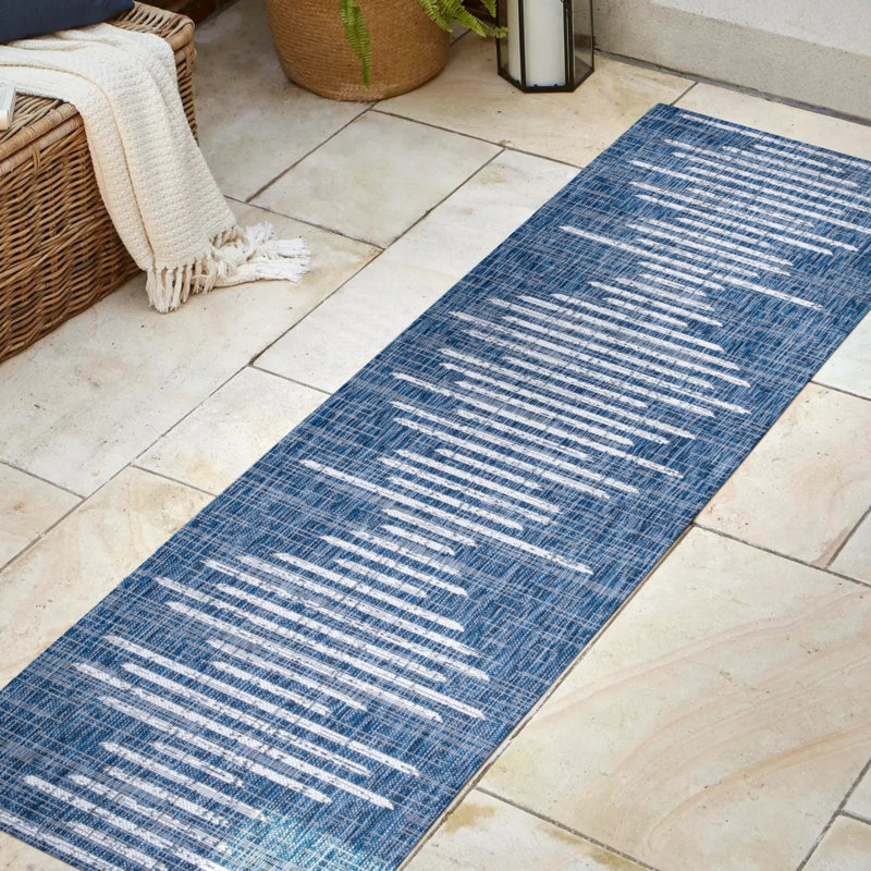 Grundy Berber Stripe Geometric Blue/Ivory Indoor/Outdoor Rug, Runner 2'2" x 8'