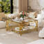 Table basse carrée en verre 33,5 po, structure en métal géométrique dorée, tablette inférieure pour ranger les magazines et les objets décoratifs