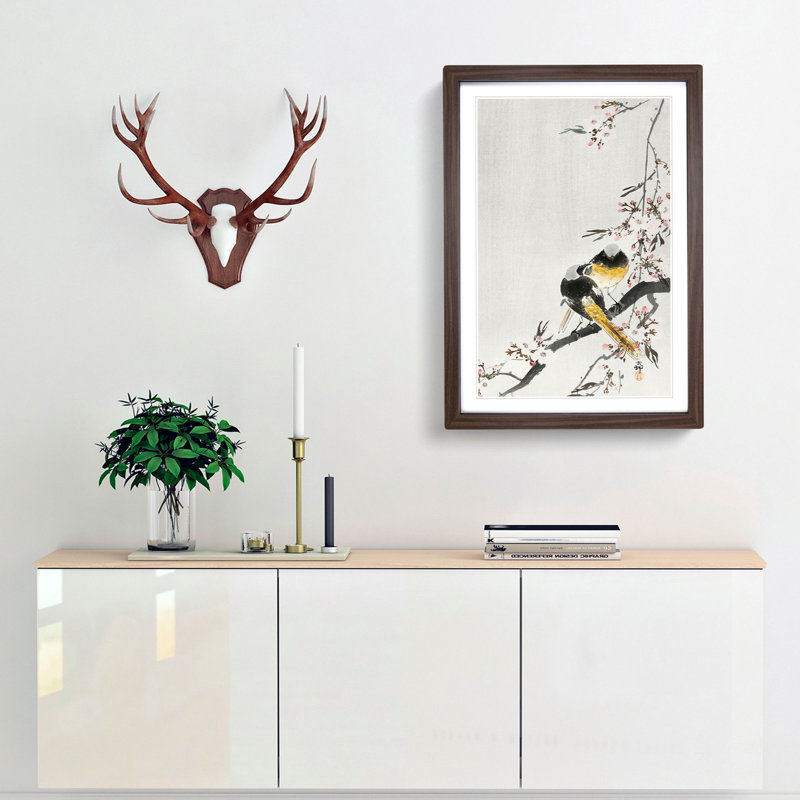 Two Sable Red Tails and Cherry Blossom by Ohara Koson - Framed Print, 65cm H x 48cm W x 2cm D, Walnut Framed