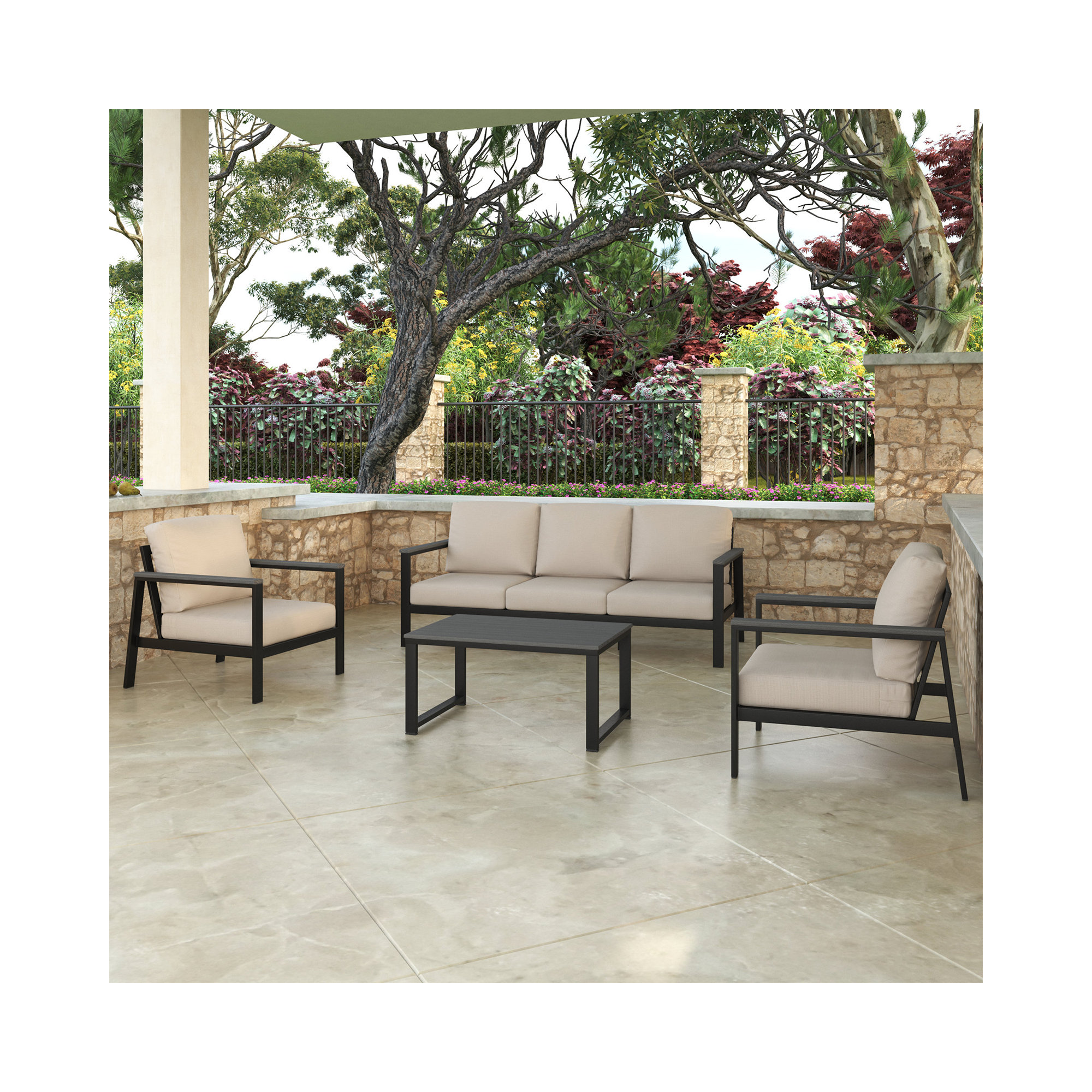 Townsend 4 Piece Sofa Seating Group with Sunbrella Cushions, Cast Silver Sunbrella®