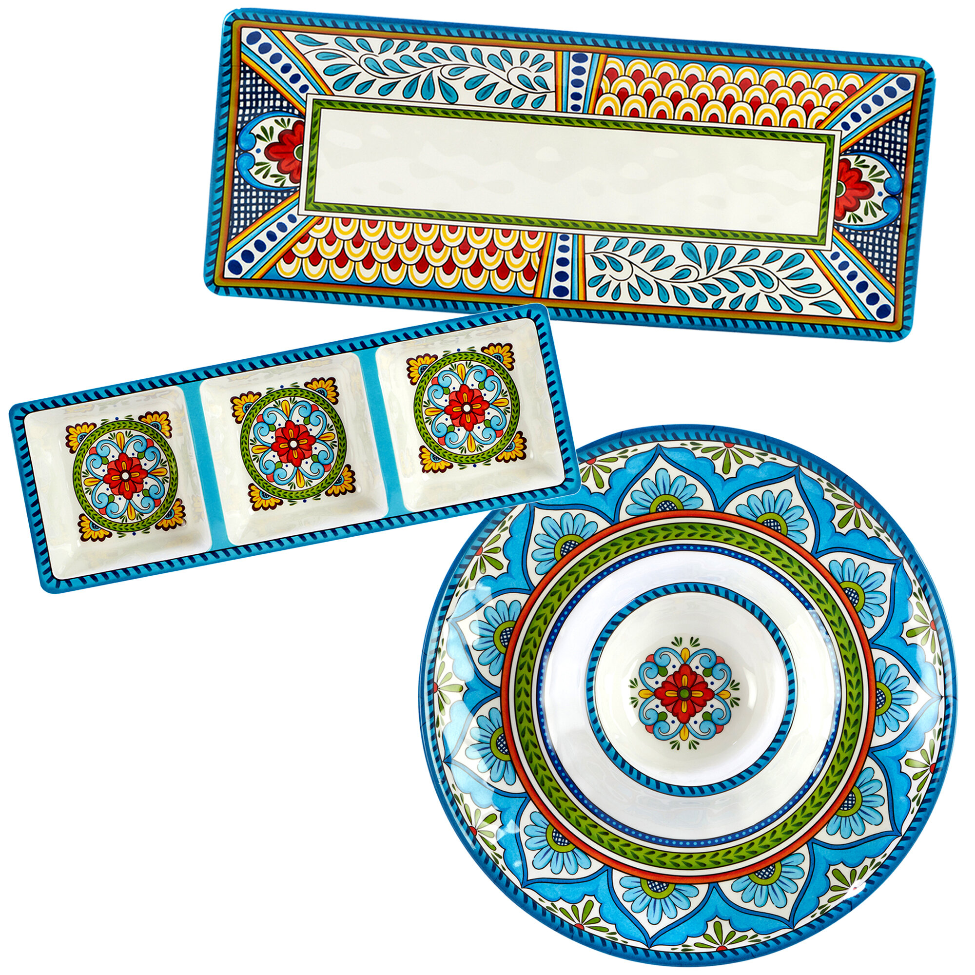 Mosaics 3 pc Indoor Outdoor Melamine Serving Tray Hostess Set