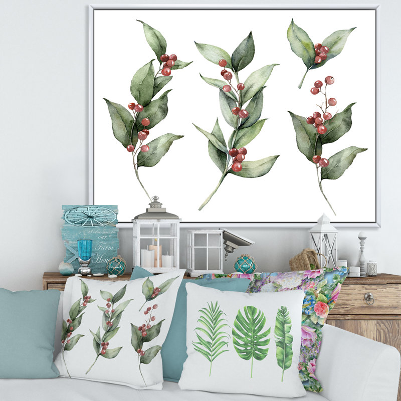 Ensemble de Noël avec branches et Berrie rouge - Peinture sur toile, H 30 po x l 40 po x 1,5 po, Cadre flottant blanc
