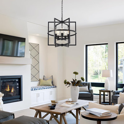 Lustre noir 19 po pour la salle à manger, lustre de style campagne moderne à 5 lumières avec cage géométrique suspendue et luminaire suspendu pour la cuisine