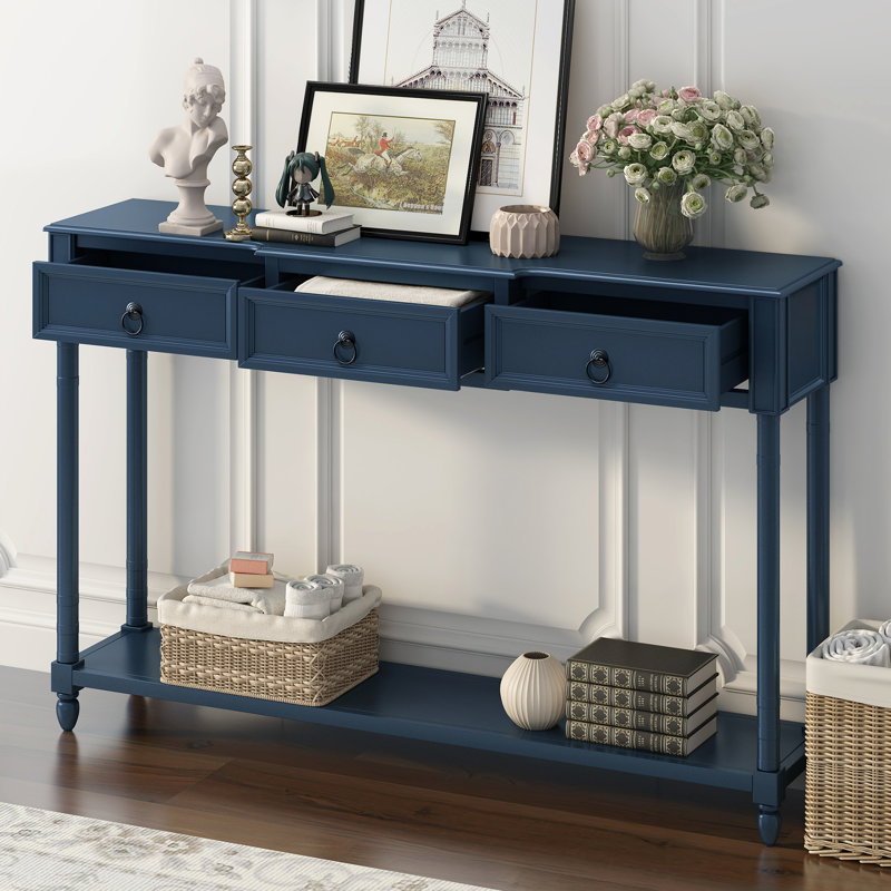 Table d'entrée avec tiroirs et tablette inférieure, élégante console de vestibule bleu marine, Marine antique