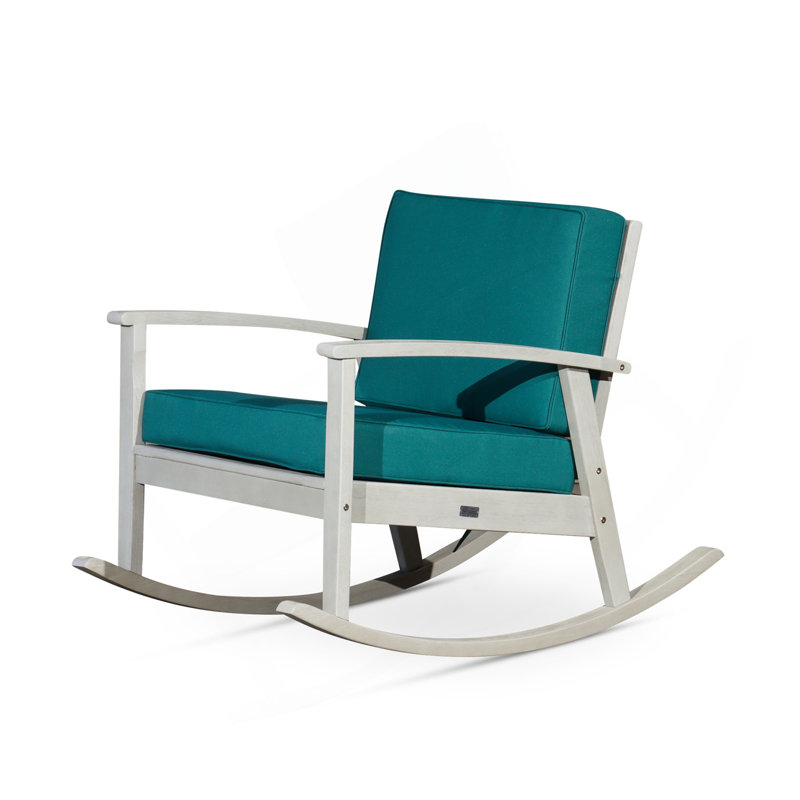 Chaise berçante en eucalyptus avec coussins, finition gris bois flotté, coussins vert foncé, Dark Green