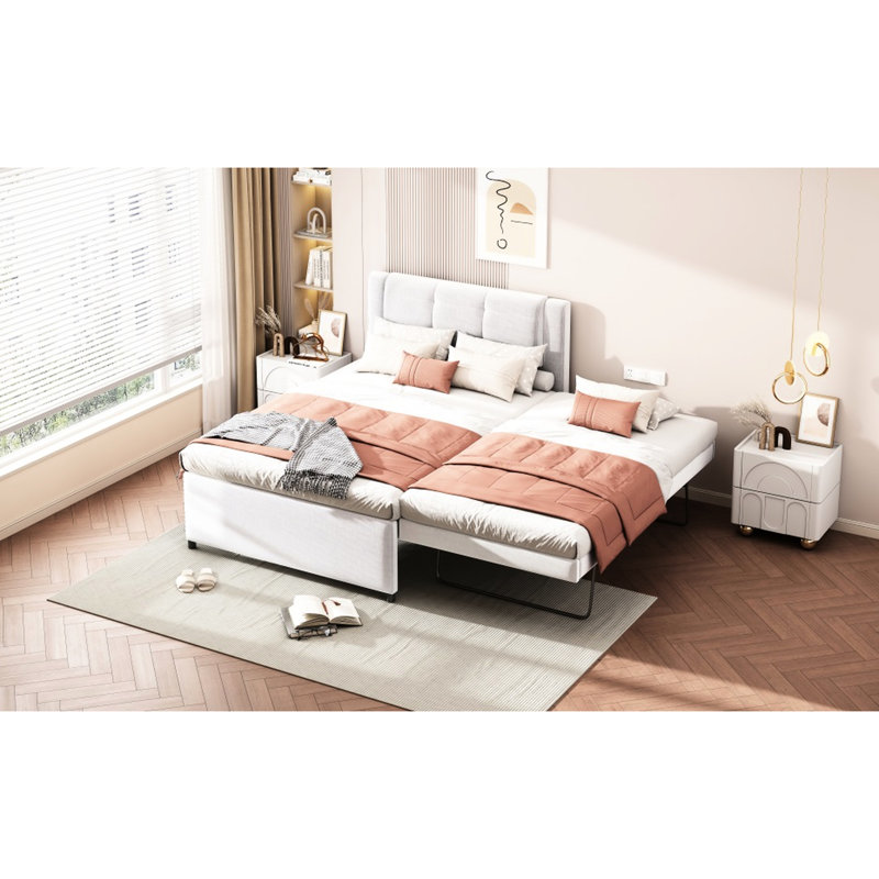 Lit plateforme double avec revêtement beige. Bois + cadre. Tête de lit pour plus de confort. Pas de sommier tapissier. Assemblage rapide et facile en beige. Fabrication en pin. Un repos confortable. Simple