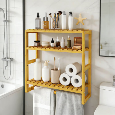 Over The Toilet Storage Shelf - 3-Tier Wall Mounted Space Saver Organizer With Towel Rack And Hanging Rod, Bamboo Bathroom Cabinet For Towels And Essentials