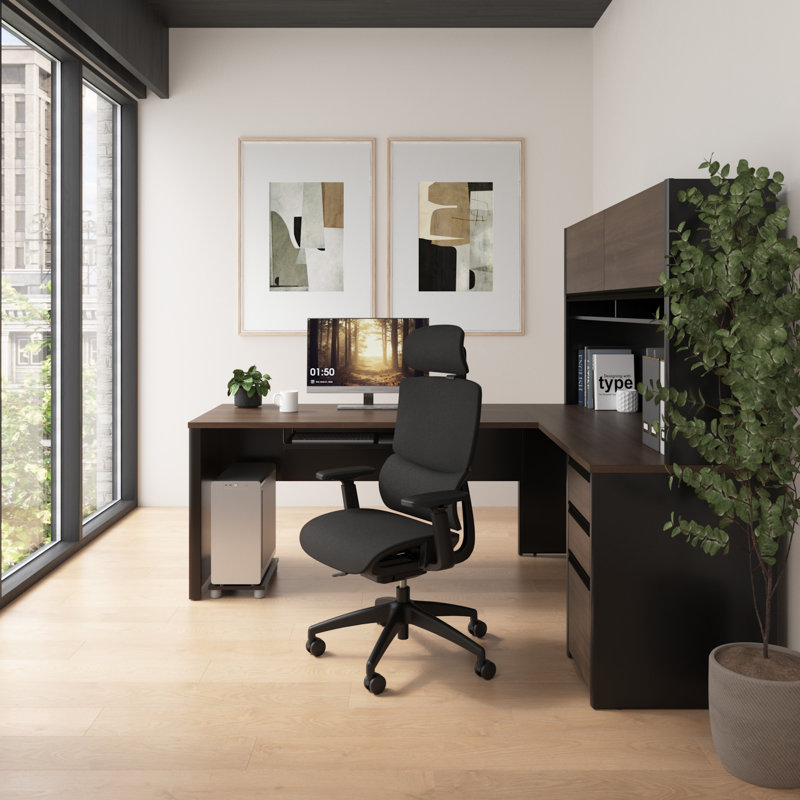 72-inch L Shaped Desk with Drawers, Hutch, and Keyboard Tray in Slate and Sandstone, Sandstone