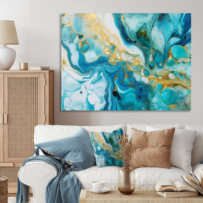 Turquoise de luxe abstrait, art fluide, impression sur toile abstraite, H 12 po x l 20 po x P 1 po, Toile tendue