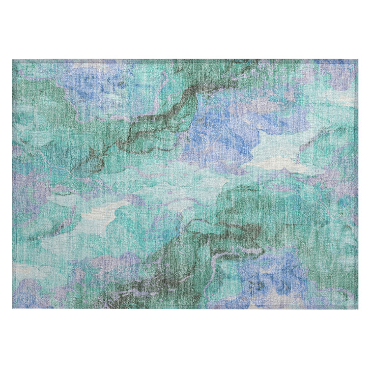Machine Washable Indoor/Outdoor Xhevrie Teal Rug