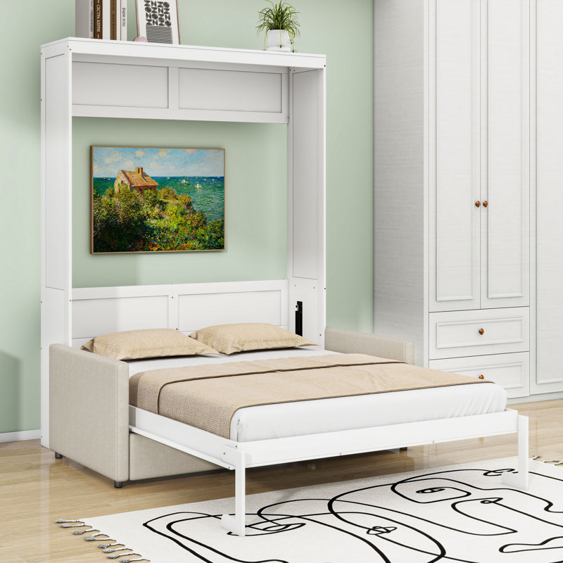 Lit escamotable en bois avec coussin, Complète, Blanc