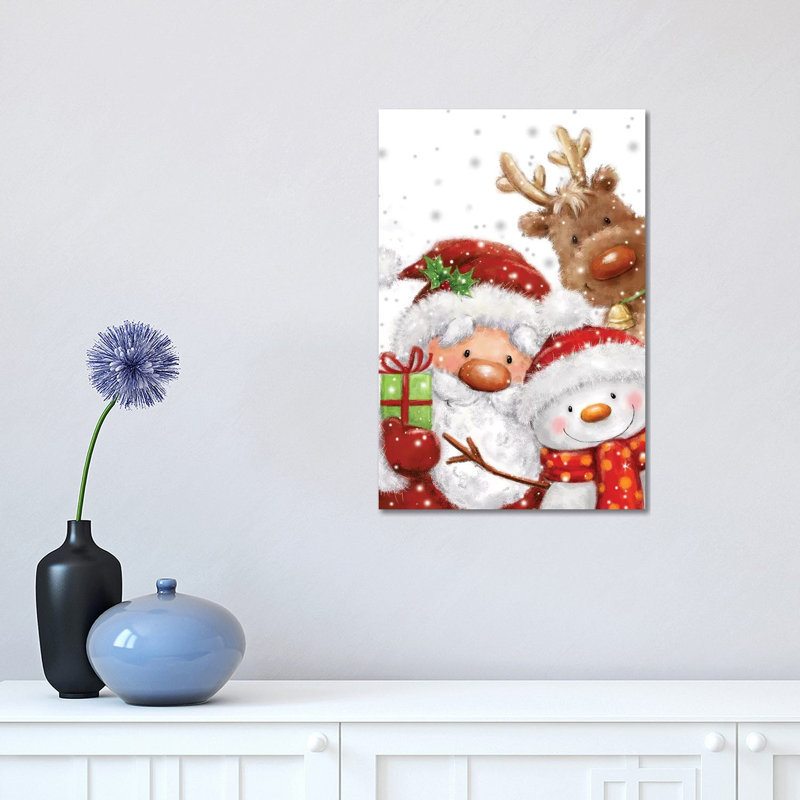 «Santa Snowman and Reindeer» par Makiko - peinture sur toile tendue, H 18 po x l 12 po x 1,5 po