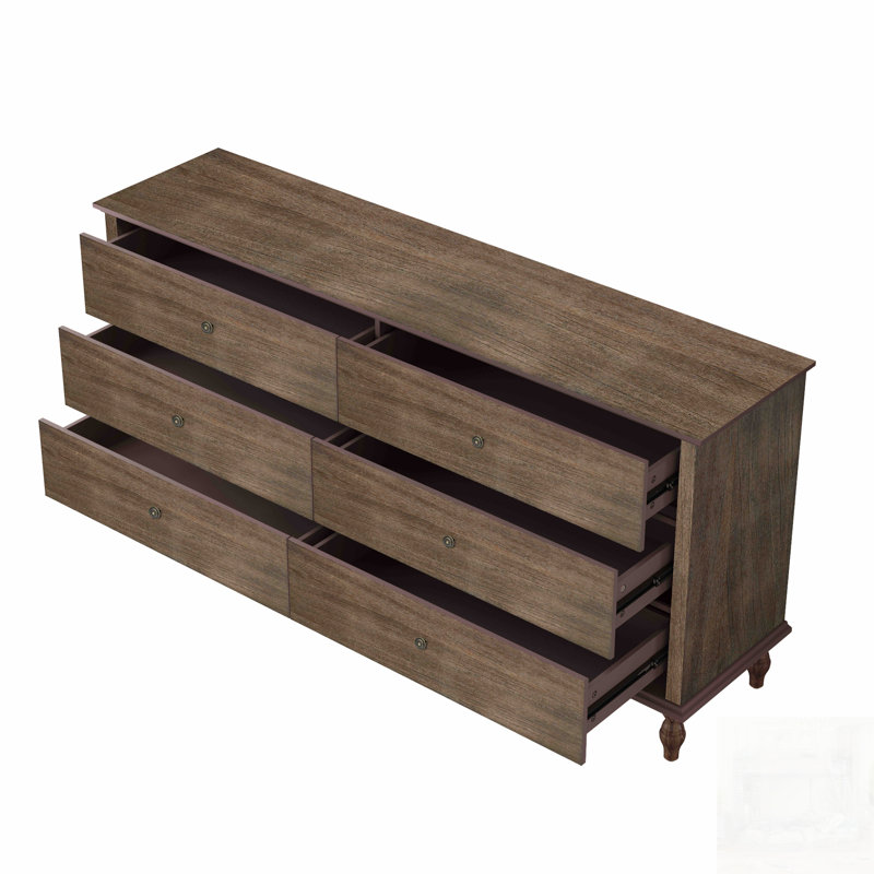 6-Drawer Double Wide Wood Dresser For Bedroom, Deep Brown Burnt Wood Finish With Self-Closing Slides And Anti-Tip Kit