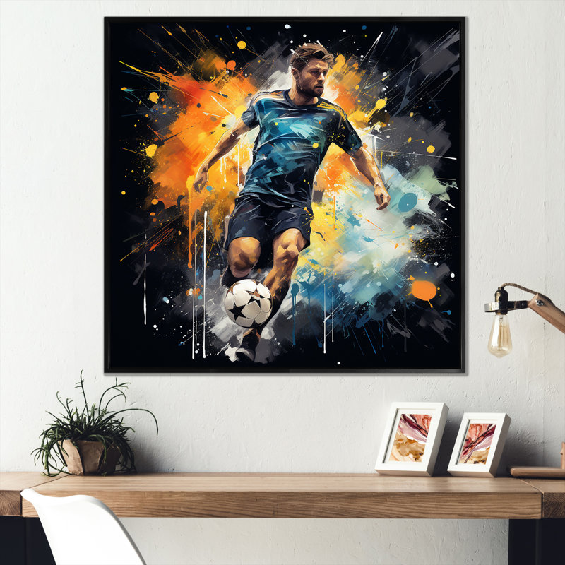 Joueur de football vert et jaune I - soccer, art mural, Cadre flottant noir, H 30 po x l 30 po