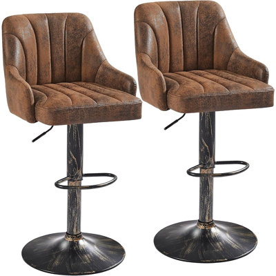 Ensemble de 2 tabourets de bar industriels pivotants réglables, chaises à hauteur de comptoir brun avec dossier et accoudoirs, sièges à hauteur réglable pour îlot de cuisine, café et salle à manger