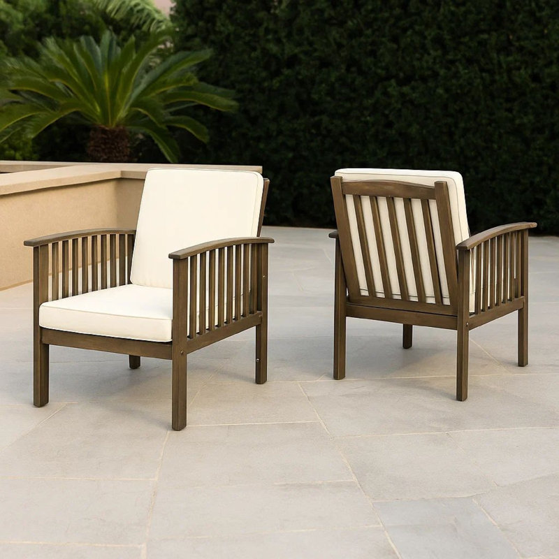 Gerry Outdoor Club Chair Set Of 2, Cream Cushions, Slatted Dark Brown, Cream Cushion/Brown Frame