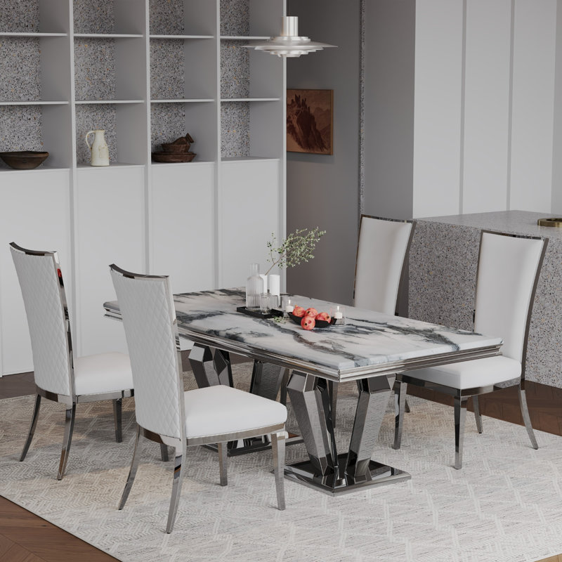 Table de salle à manger 78 "avec base en miroir en métal , Argent, Argent