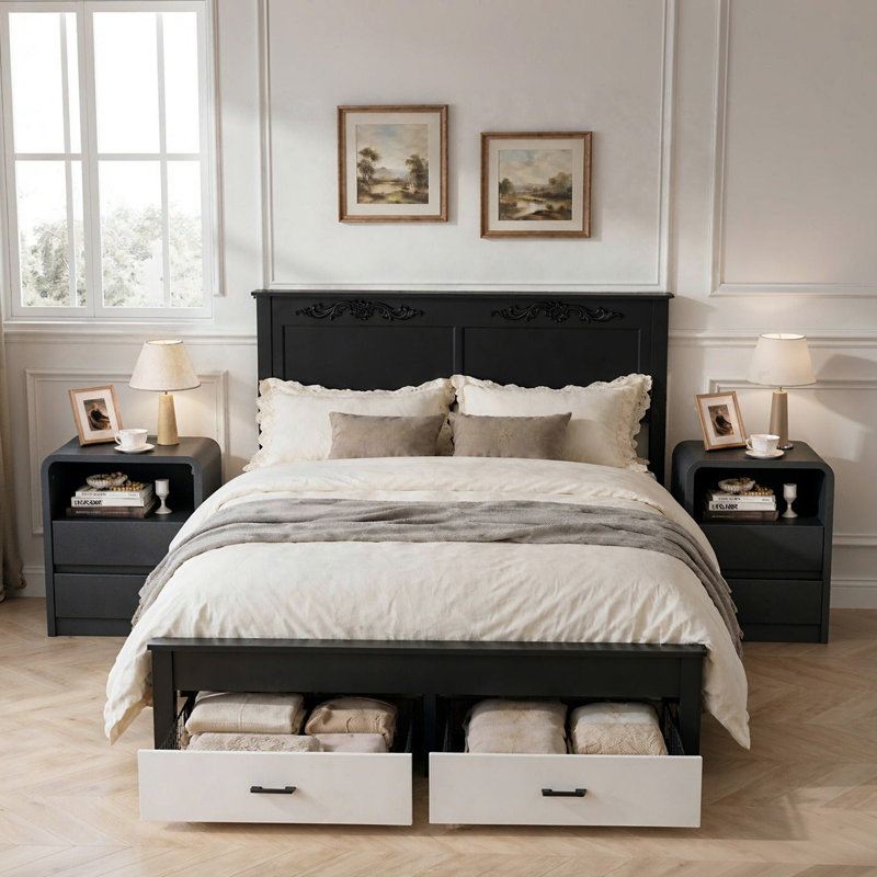 Ensemble de chambre à coucher 3 pièces, 1 cadre de lit rustique de style ferme Queen avec 2 tiroirs et 2 tables de chevet avec station de chargement USB