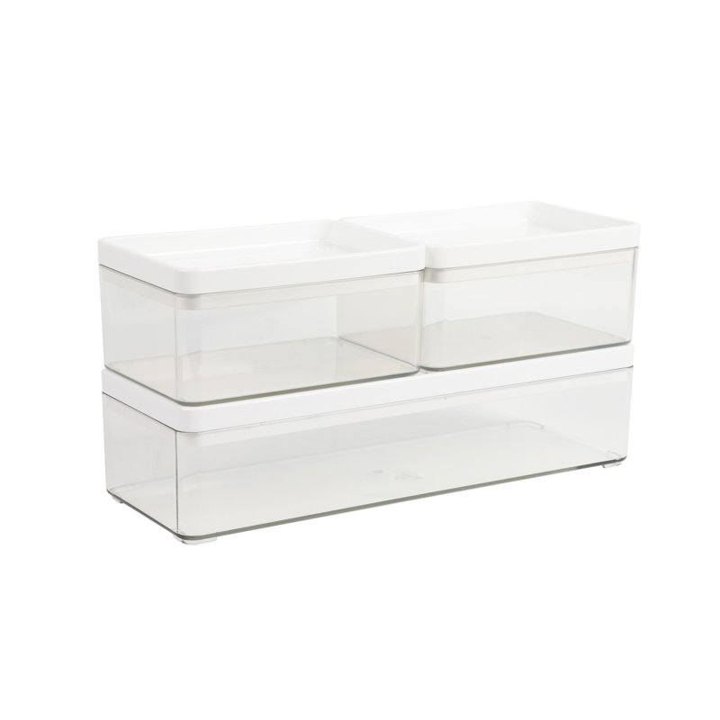 Clear Stackable Plastic Storage Boxes with White Lids, Set of 3