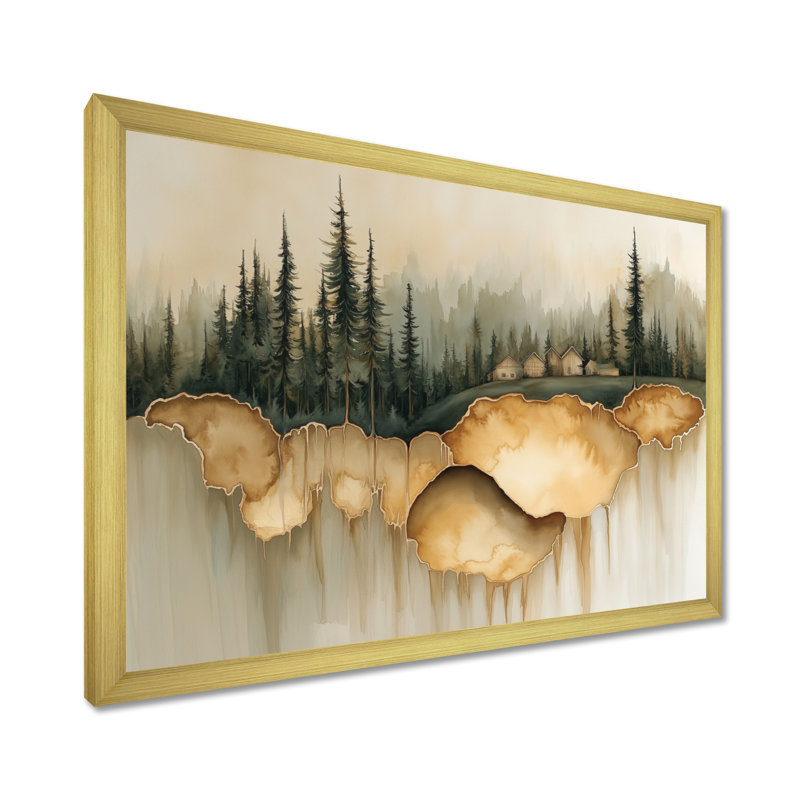 Hameau de la forêt d'Ambre - Tableau encadré sur le thème des bois, H 16 po x l 32 po, Encadrement doré