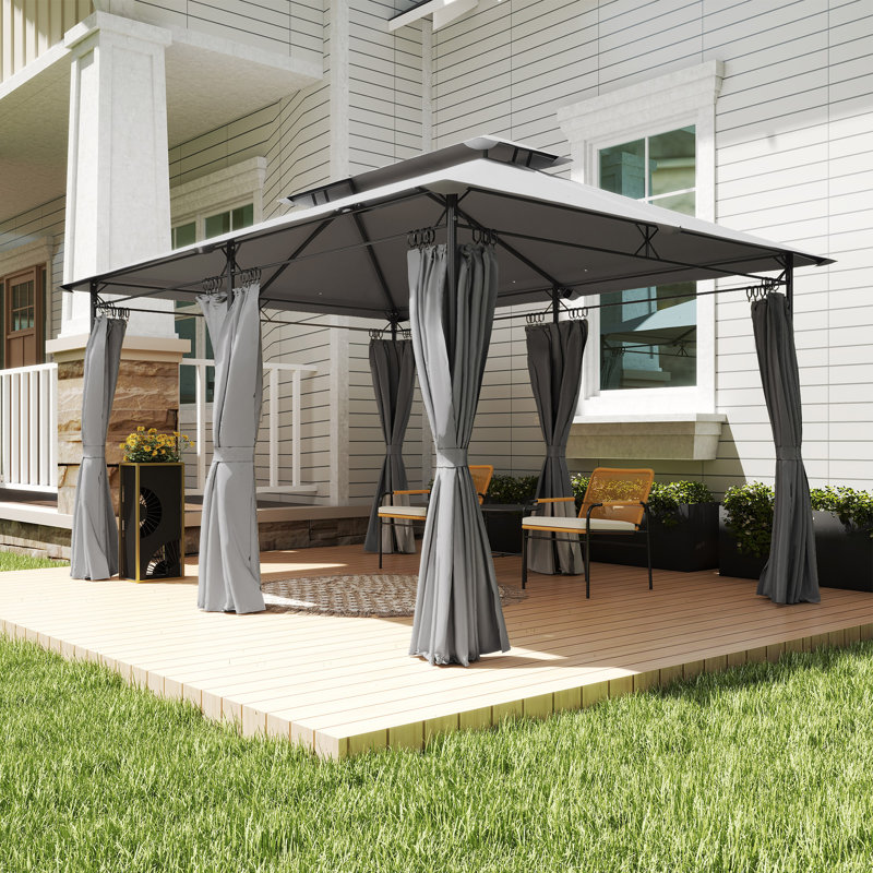Pavillon de jardin à double toit avec rideaux, gris foncé