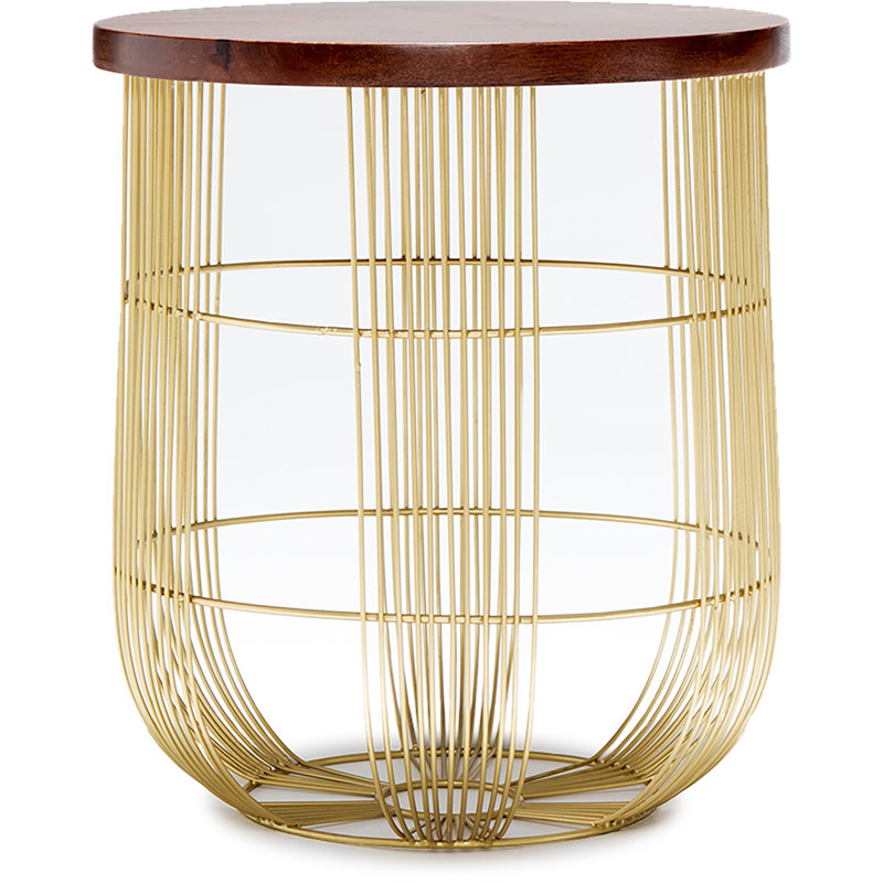 Maxwell Gold Metal Wire Base Round Side Table with Dark Brown Wood Top