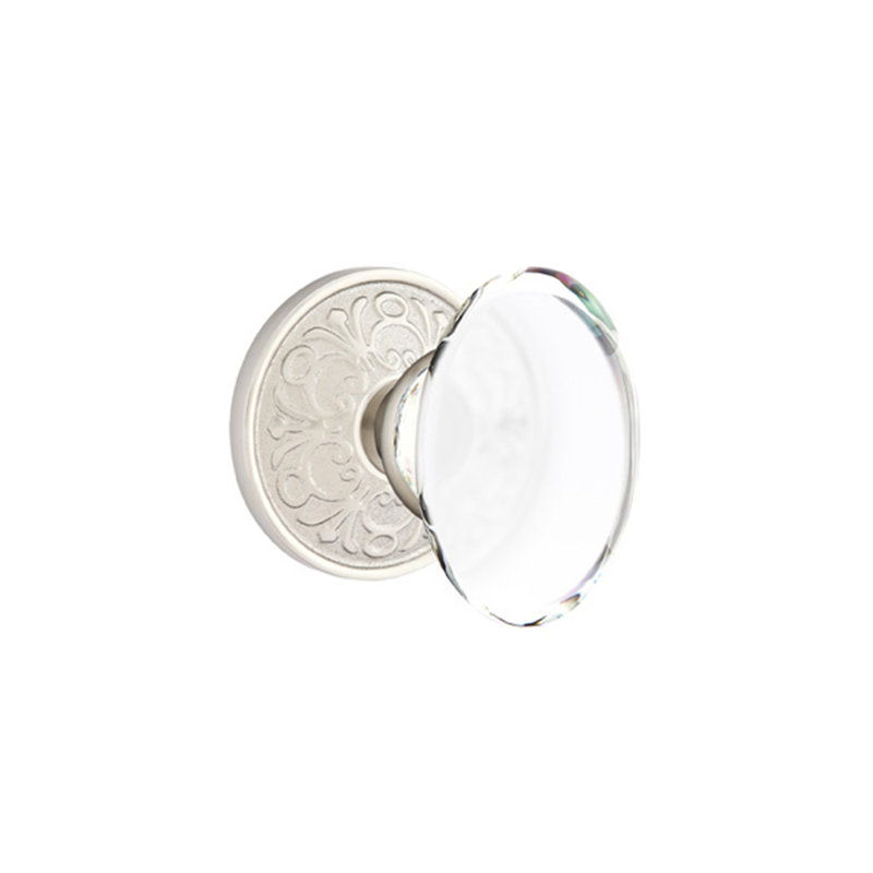 Ensemble de faux boutons Emtek avec rosette Lancaster et bouton en verre Hampton, Nickel satiné
