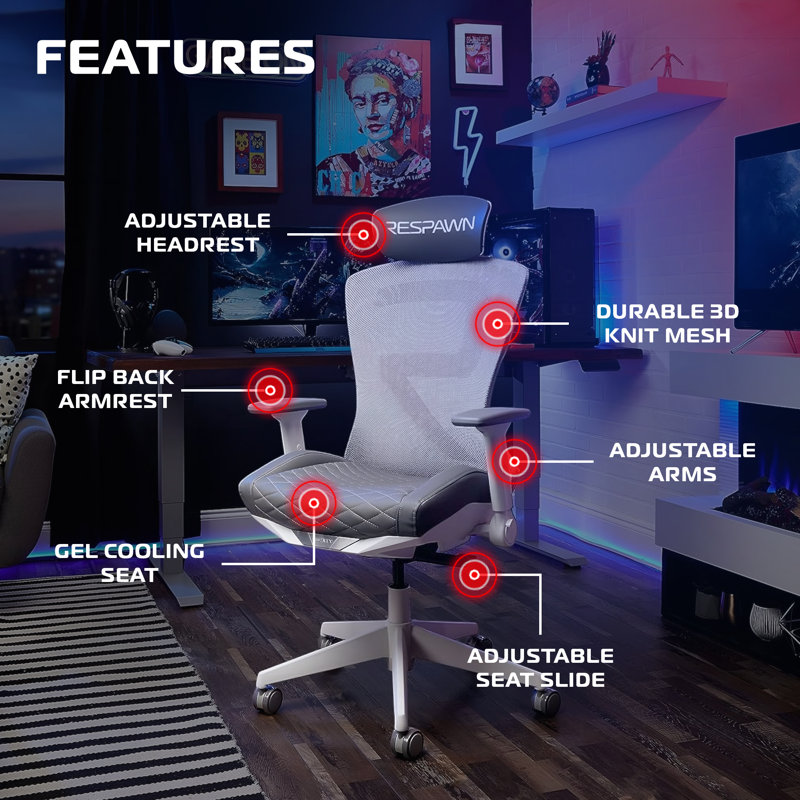 Chaise de bureau ergonomique avec soutien lombaire RESPAWN SPIRE, appui-tête, accoudoirs réglables et coussin de gel rafraîchissant, siège en filet respirant confortable pour le bureau personnel, fauteuil de jeu inclinable à haut dossier