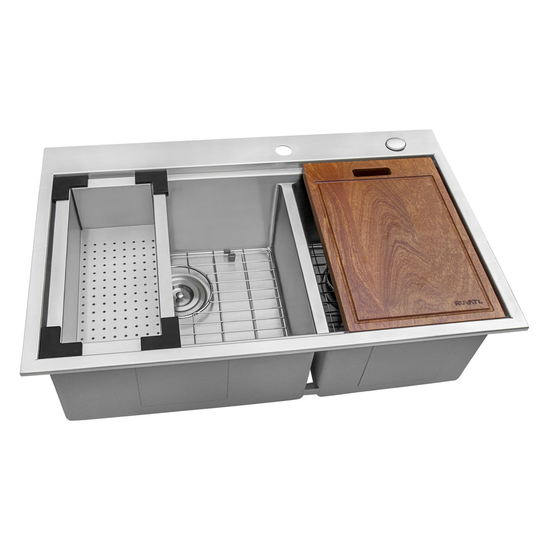 Ruvati 33 x 22 inch Workstation 60/40 Topmount Rounded Corners Stainless Steel Kitchen Sink Ruvati