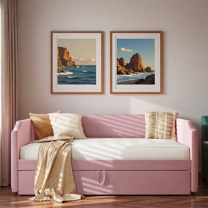 Velvet Upholstered Daybed With Pop Up Trundle And Nail Head Decoration, Pink