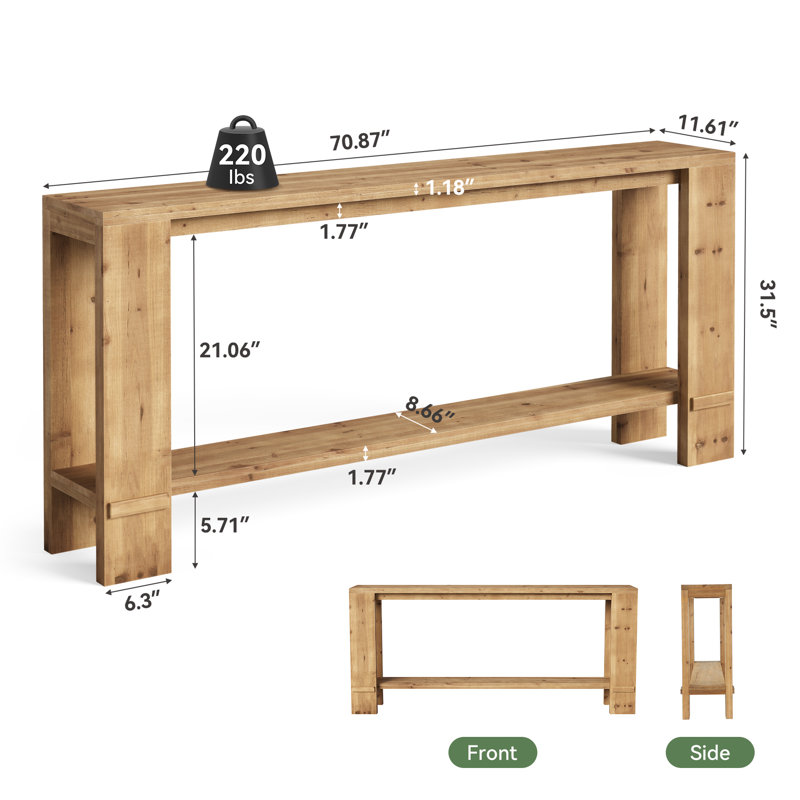 70.87" Solid Wood Console Table, Narrow Country Sofa Table with Double Shelf Storage for Entryway, Hallway and Living Room, Light Oak Brown