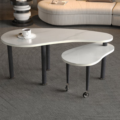 Table basse rotative contemporaine avec pieds en bois d'hévéa massif, table basse rotative à 360 degrés avec plateau en pierre frittée pour le salon et le bureau personnel