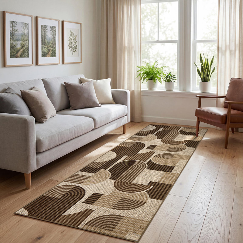Tapis moderne lavable géométrique pour le salon, la chambre à coucher et le couloir, Brun, Runner 2' x 6'