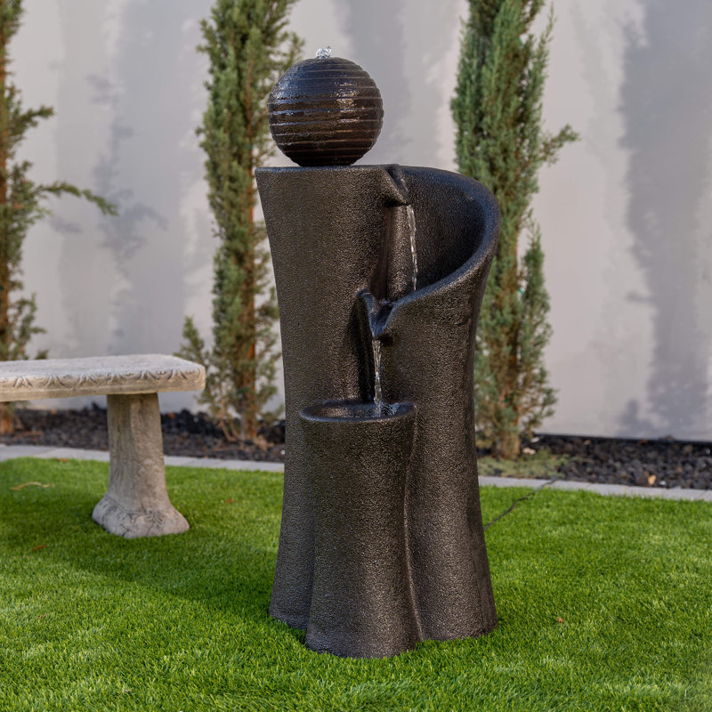 Xbrand 41" Modern Sphere Curve Cascading Fountain, Resin, Black