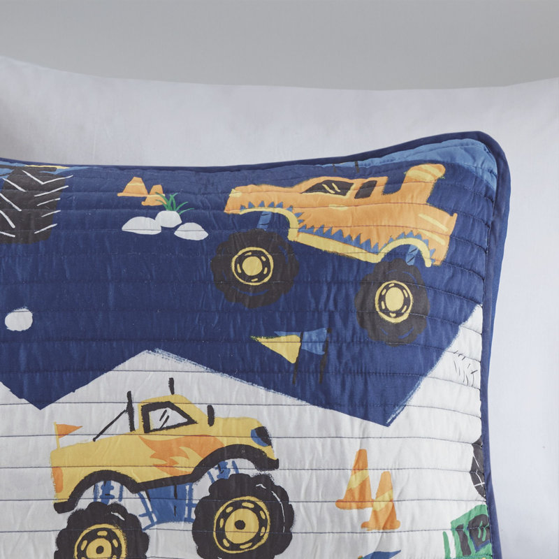 Blue Monster Truck Microfiber Reversible Twin Quilt Set