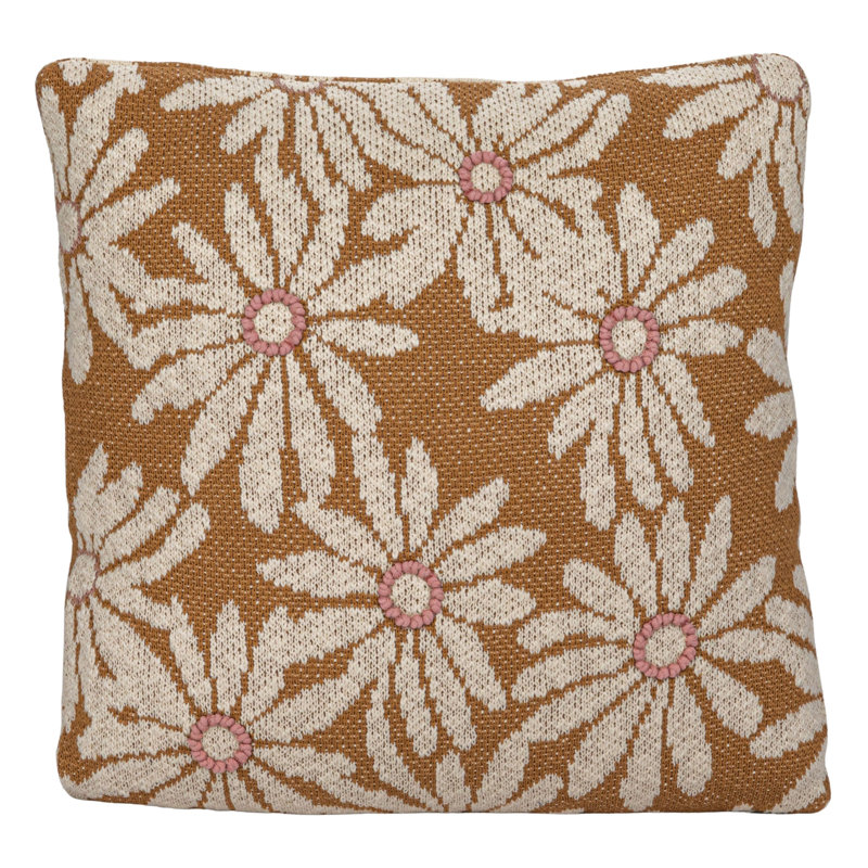Mustard Cotton Knit Pillow with Pink Flower Appliques, 20" Square