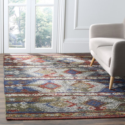 Elan Hand Woven Flat Weave Wool/Cotton Ikat Rug in Blue