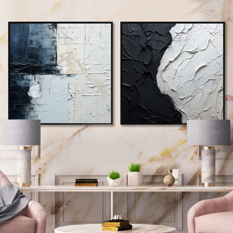 Cheryla - Ensemble de 2 collages carrés abstraits, Cadre flottant noir, H 16 po x l 33 po