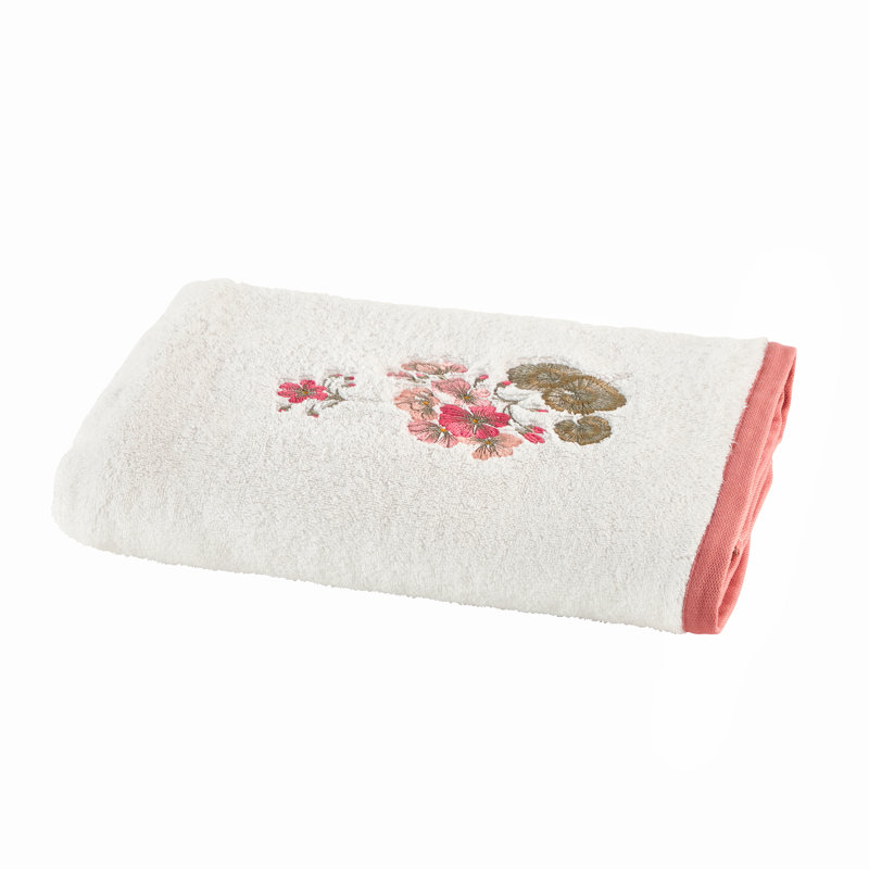 Flânerie Hand Towel, White towel with multicolor embroidery, Geranium flowers and foliage, Flânerie Bath towel