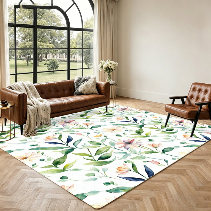 Watercolor Floral Area Rug, Botanical Print Accent, Soft Washable Non-Slip Floor Mat for Living Room, Bedroom, Entryway, Boho Home Decor, Indoor Office and Dining Spaces