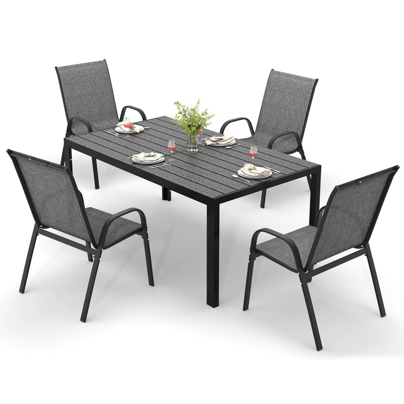 4 - Person Outdoor Patio Dining Set, Stackable Chairs & 59.1'' Hdpe Dining Table, All Weather Dining Set For Lawn, Garden, Backyard