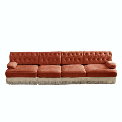 135" Soft Velvet Fabric,Button Tufted Design Chesterfield Style Sofa,Tassel Skir,Modular Combination Design,Premium Wooden Base,Easy To Assemble,High-Density High Resilience Foam,For Lounge,Red Brown