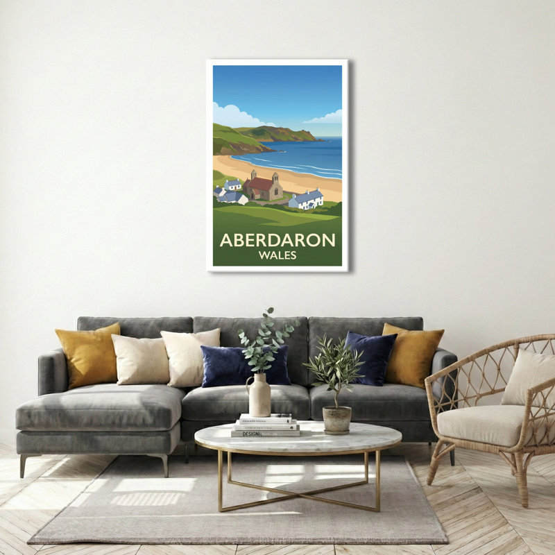 Aberdaron, Wales - Llyn Peninsula Travel Poster: Coastal Village, Sandy Bay and Seaside Romance. Giclee Print on Wrapped Canvas. Wall Art, Home Decor - Cities & Towns, Wales 1 Piece Wrapped Canvas Wall Art