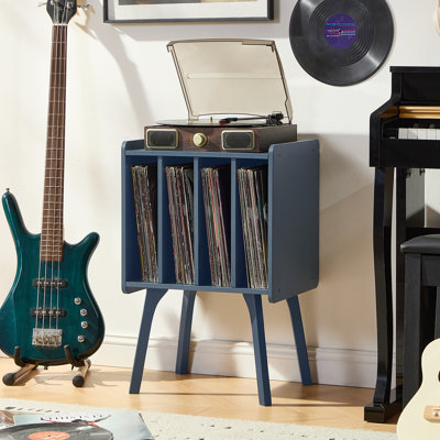 Record Player Stand,Vinyl Record Storage Table With 4 Cabinet Up To 100 Albums,Mid-Century Modern Turntable Stand With Wood Legs,Blue Vinyl Holder Display Shelf For Bedroom Living Room