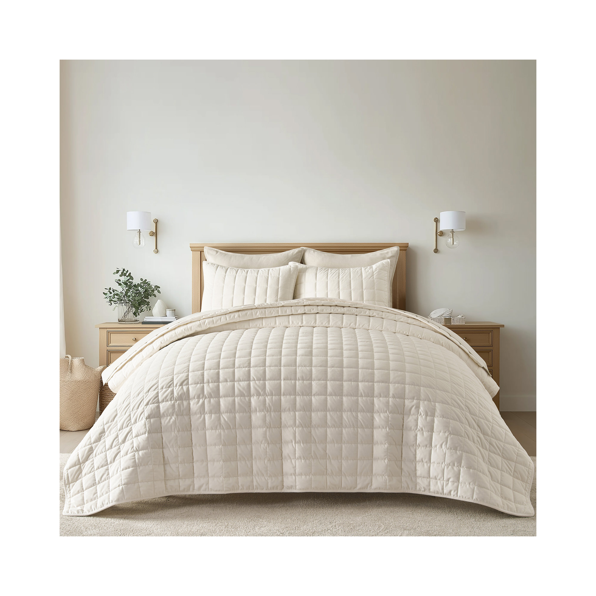 Box Stitch PearlVelvet Quilt set, Queen Quilt + 2 Standard Shams, Ivory White