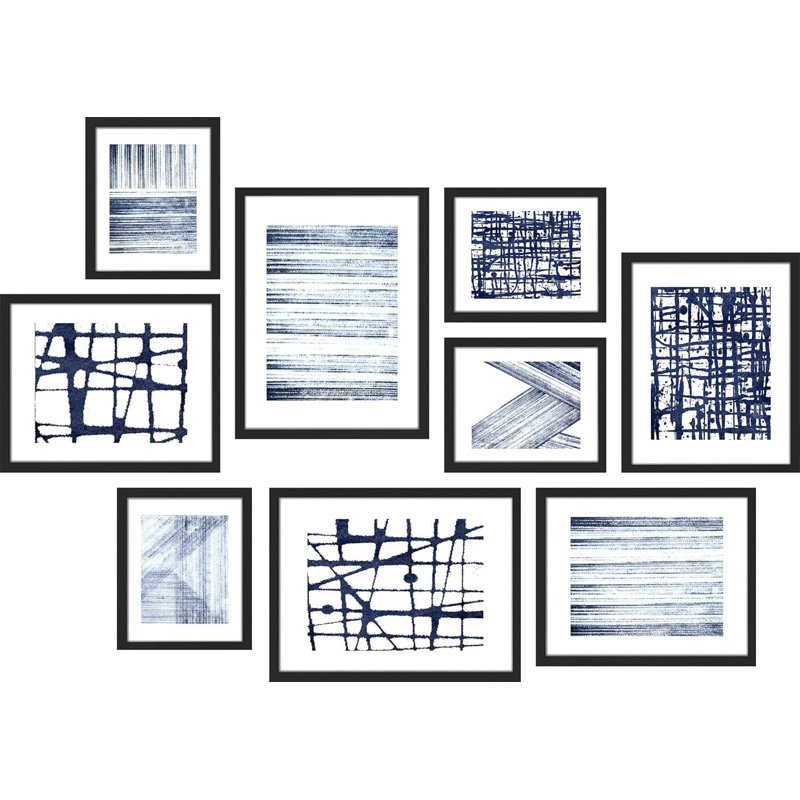 " Navy Ink Brushstroke Abstract Patterns " 9 - Pieces, Black Framed