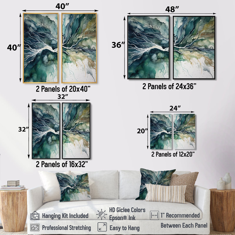 Vert vert bleu marbré Dreamscape II - art mural moderne, Silver, 36" H x 48" W, Impression encadrée flottante