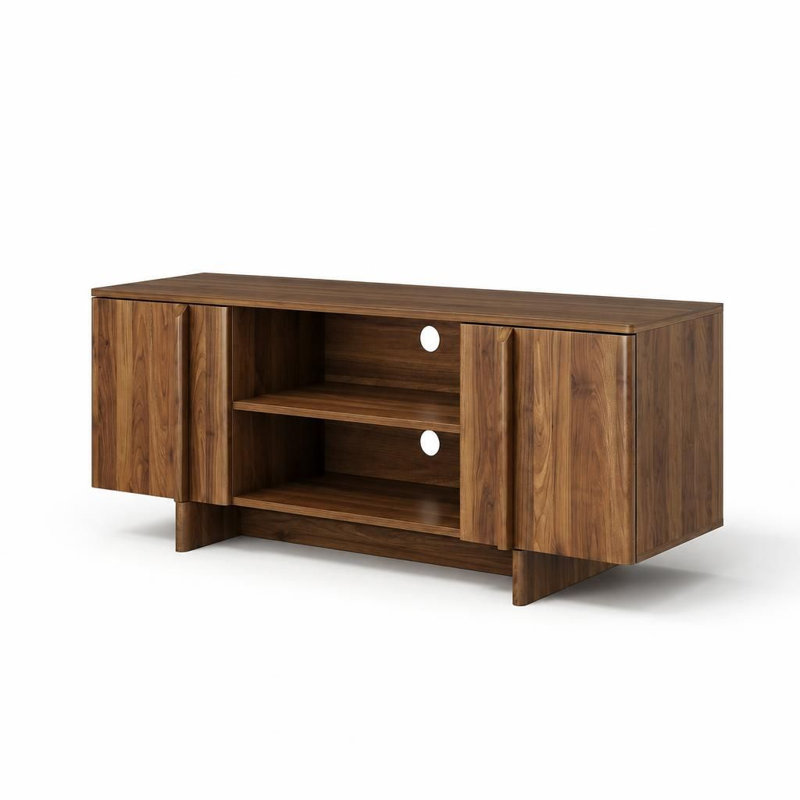 Meuble télé et rangement de style ferme moderne du milieu du siècle – Centre multimédia avec gestion des câbles, portes doubles, étagères ouvertes, compatible avec les téléviseurs jusqu'à 48 pouces, grand espace de rangement