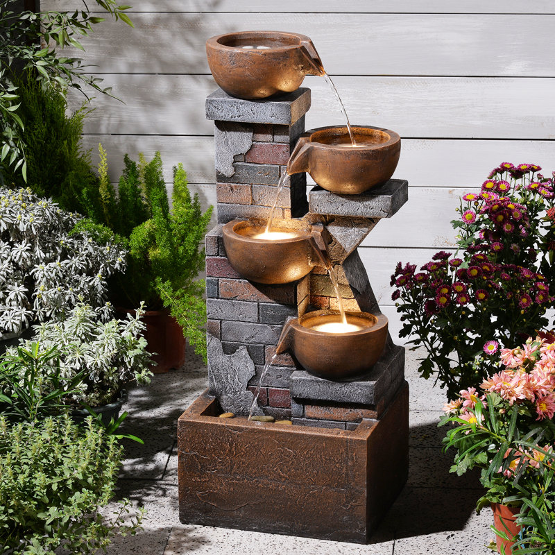 33.5" Tall Outdoor Water Fountain,4 Tiered Cascading Bowl Outdoor Freestanding Fountains With Light, Waterfall Floor Standing Water Feature For Garden, Patio, Backyard, Deck, Porch, Indoor Decor