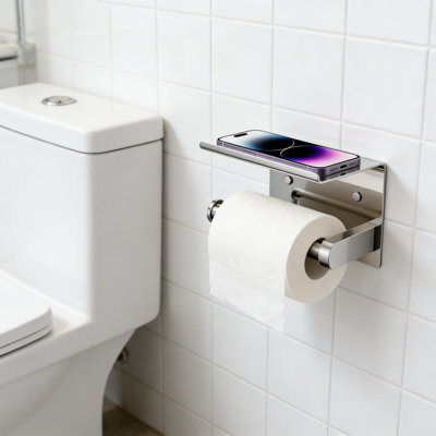Toilet Paper Holder With Phone Shelf, Adhesive Or Screw Mount Wall Mounted Tissue Roll Holder, Rustproof Stainless Steel Bathroom Storage Organizer